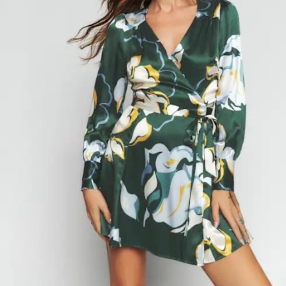 NWOT Reformation Chrissy Dress Floral Silk Wrap Mini Dress in Lyra Green XS $278 - Picture 3 of 14